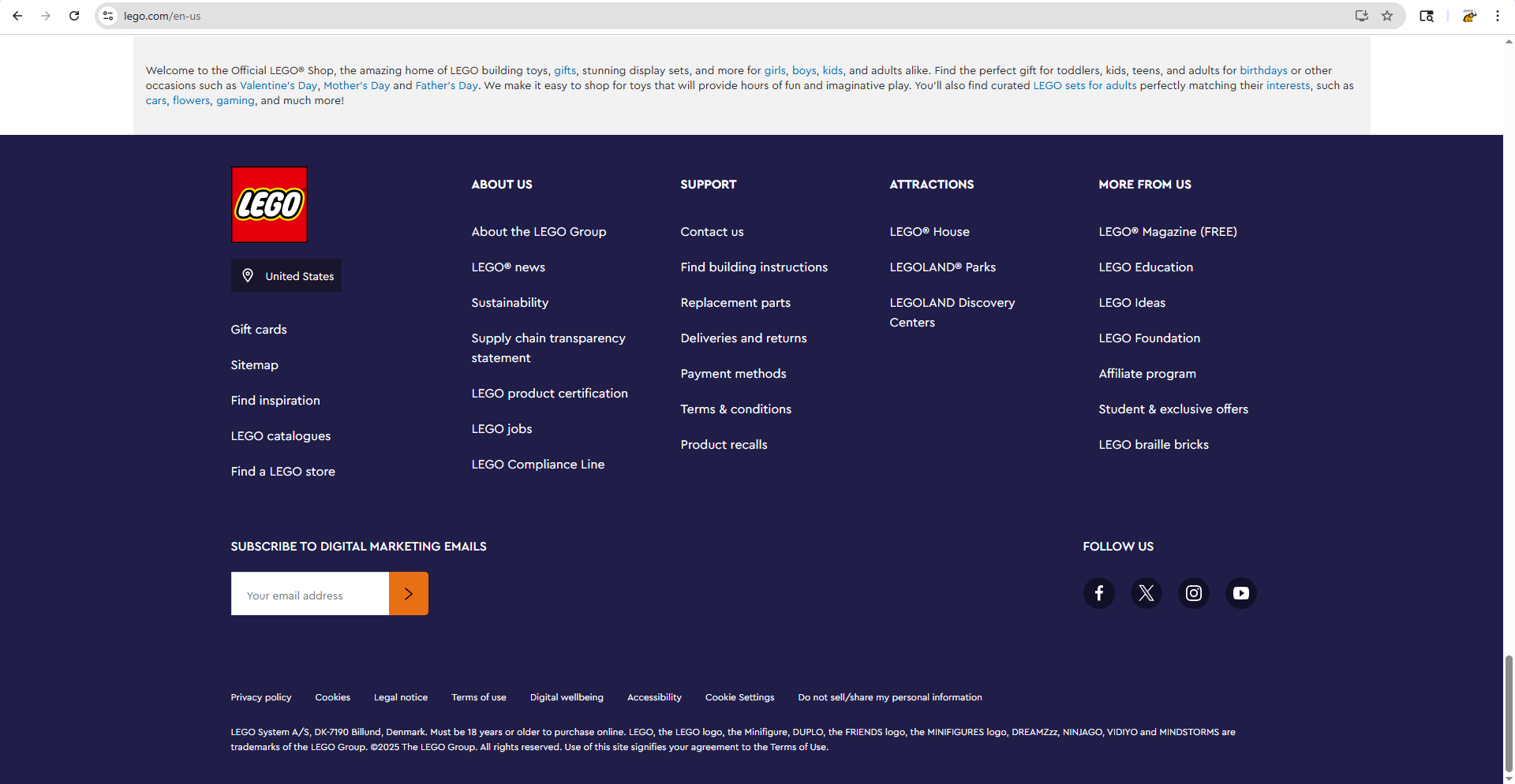 Lego website footer